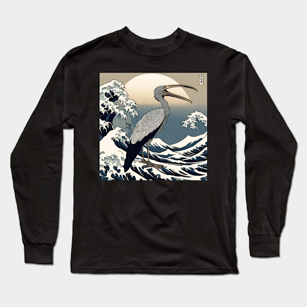 Vintage Shoebill Stork in the Great Wave Off Kanagawa Long Sleeve T-Shirt by wigobun